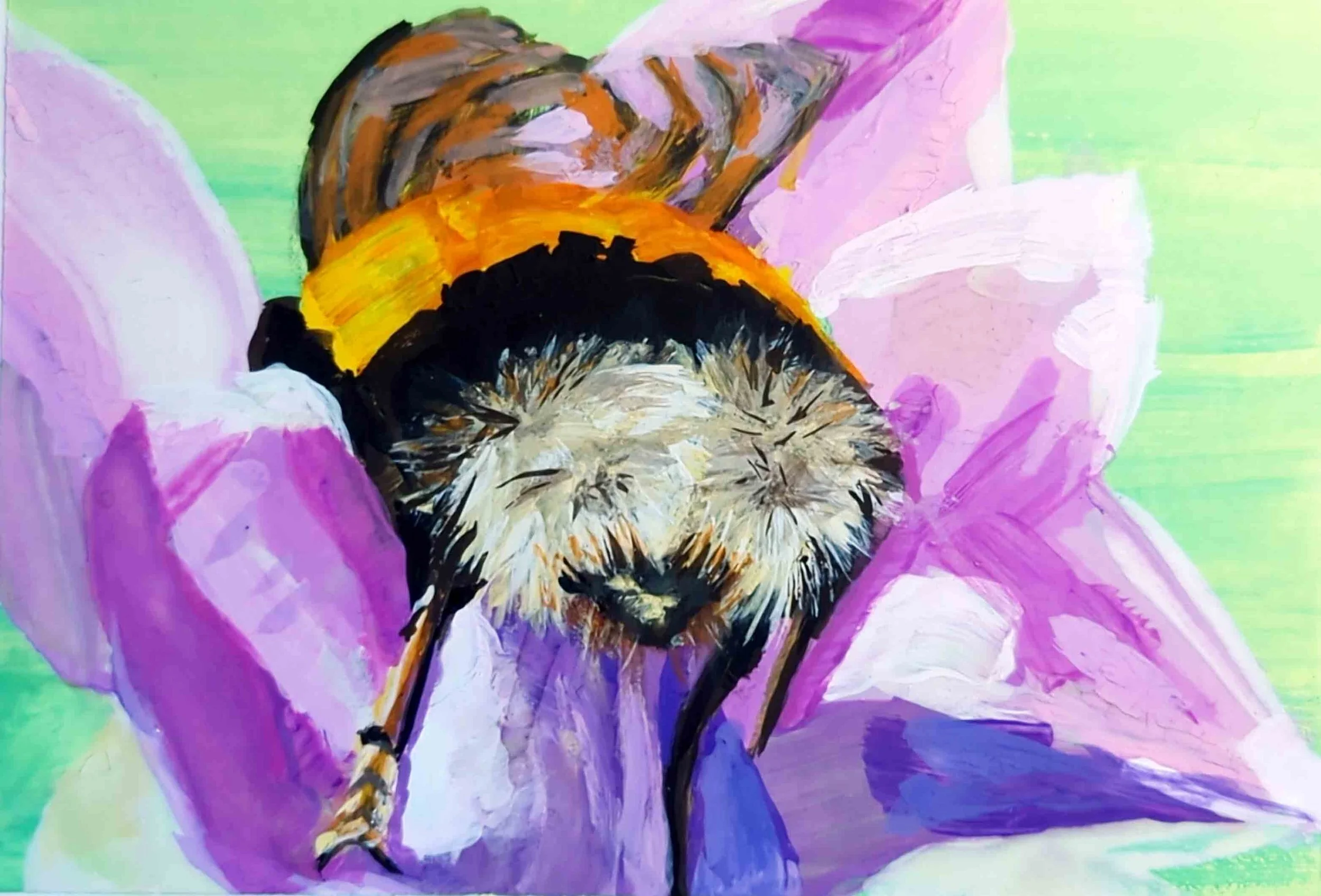 A colorful painting of a bee with black, orange, and yellow markings, resting on pink and purple flowers with a green background.