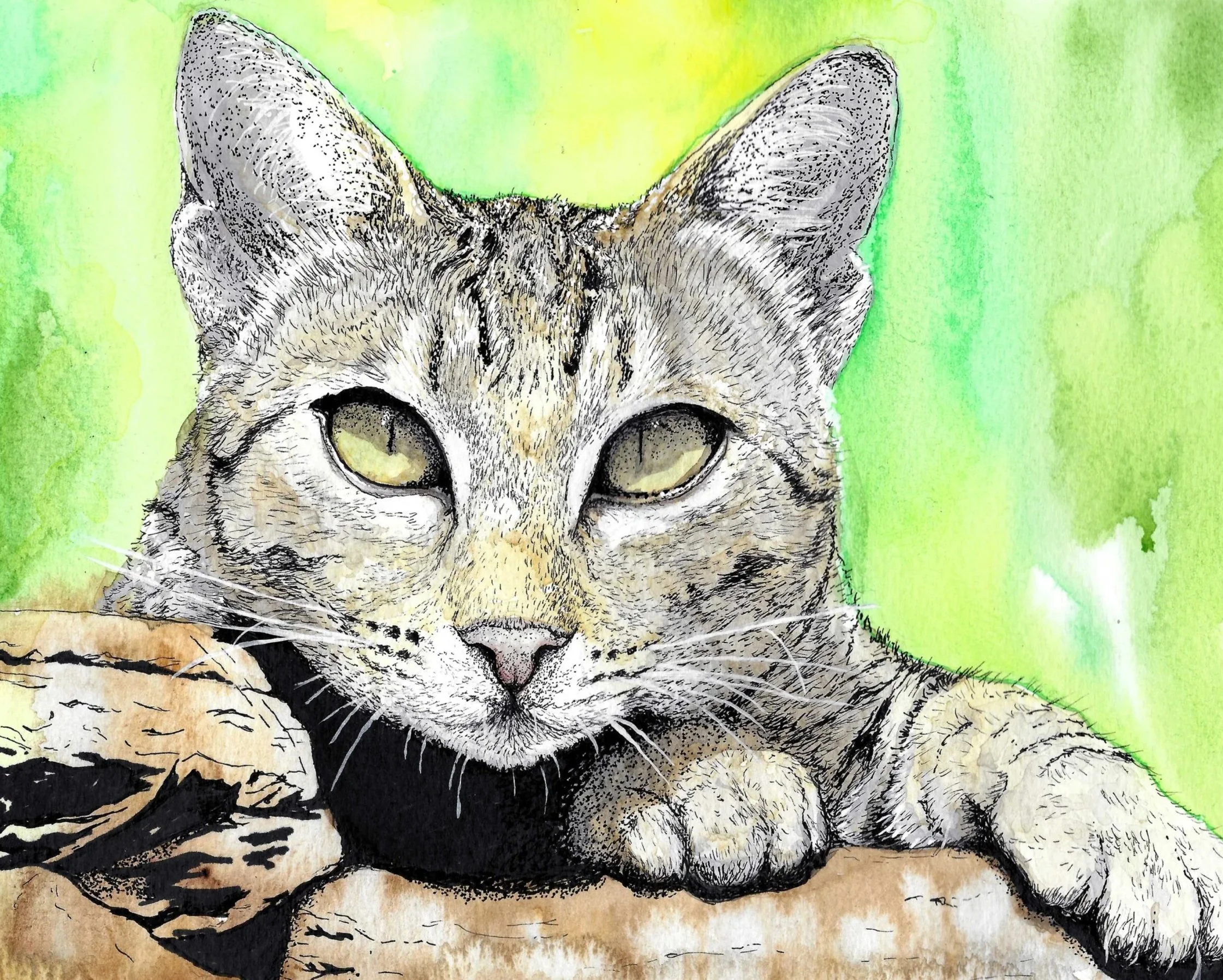 A detailed illustration of a wildcat or lynx with green eyes, set against a background of watercolor green and beige hues.