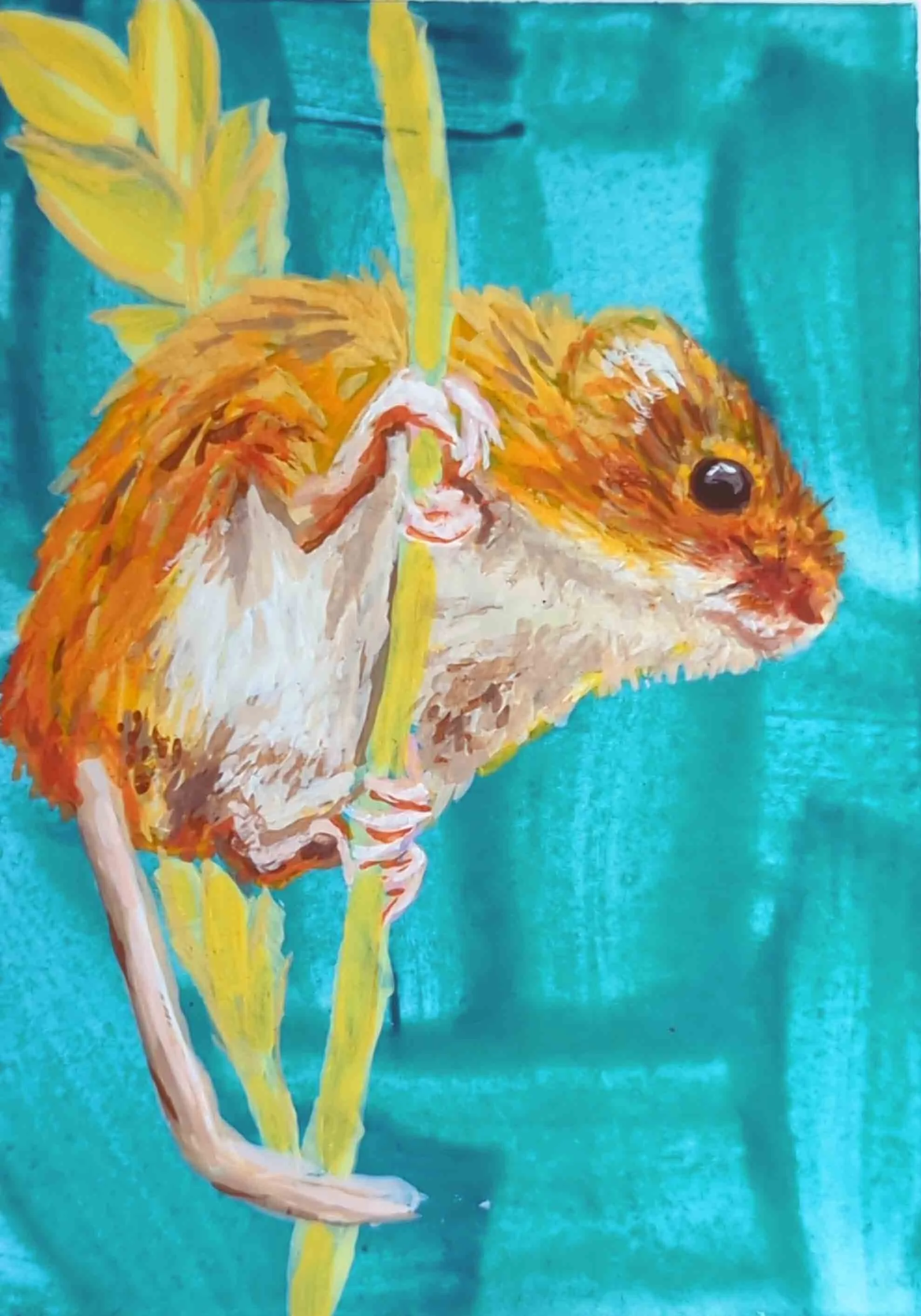 Painting of a field mouse holding onto a stalk of wheat against a teal background.