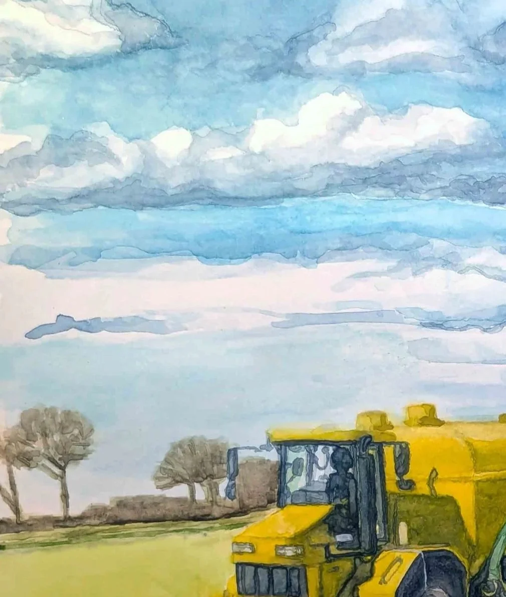 A watercolor painting of a yellow tractor in a field with a few trees, under a sky with clouds.