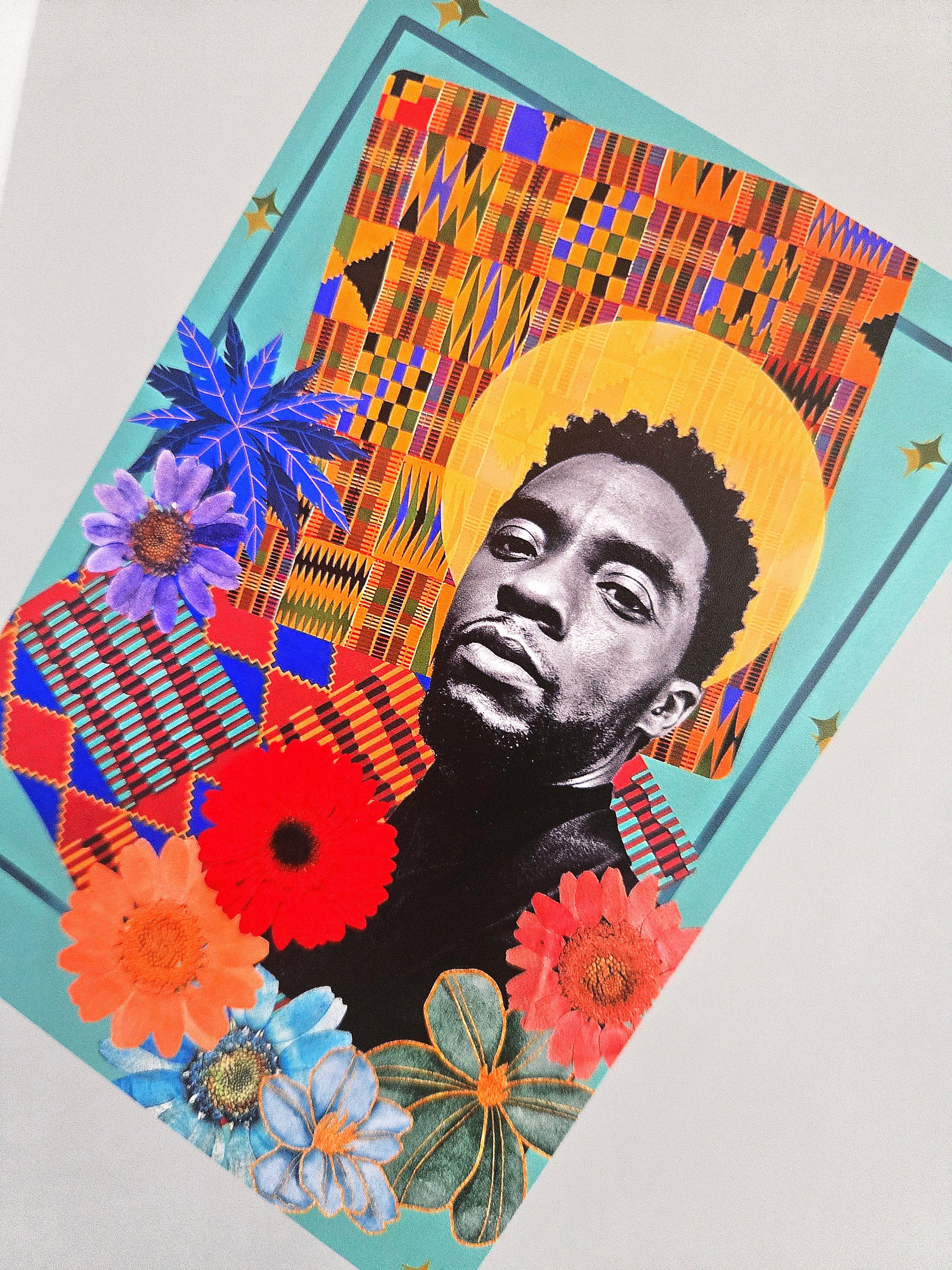 A colorful collage featuring Chadwick Boseman surrounded by vibrant flowers and geometric African patterns, with a golden halo around his head.