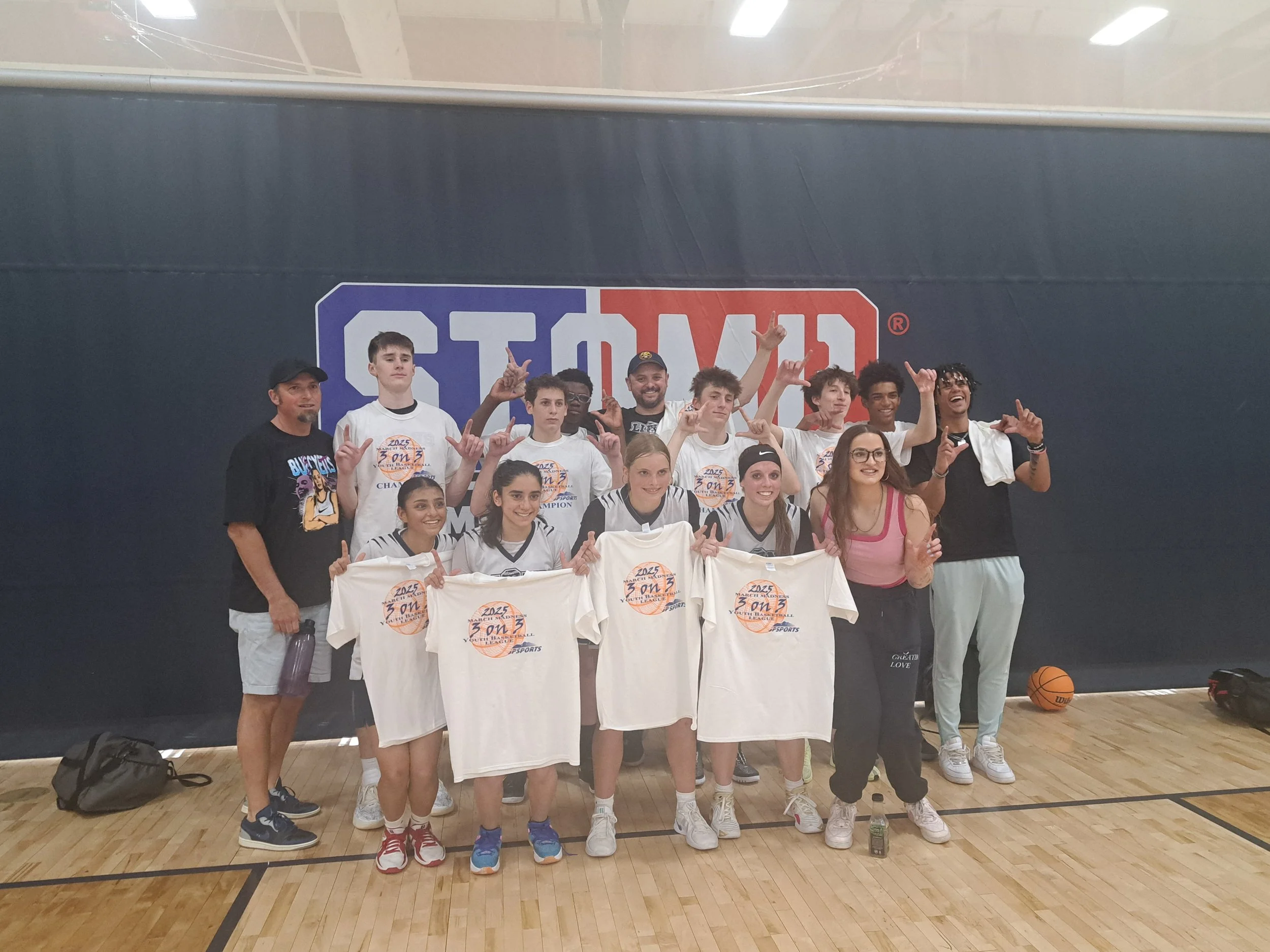 Spring 2025 High School Boys 3v3 Freshman Champs Celebrating with High School Girls Varsity 3v3 Runner Ups!