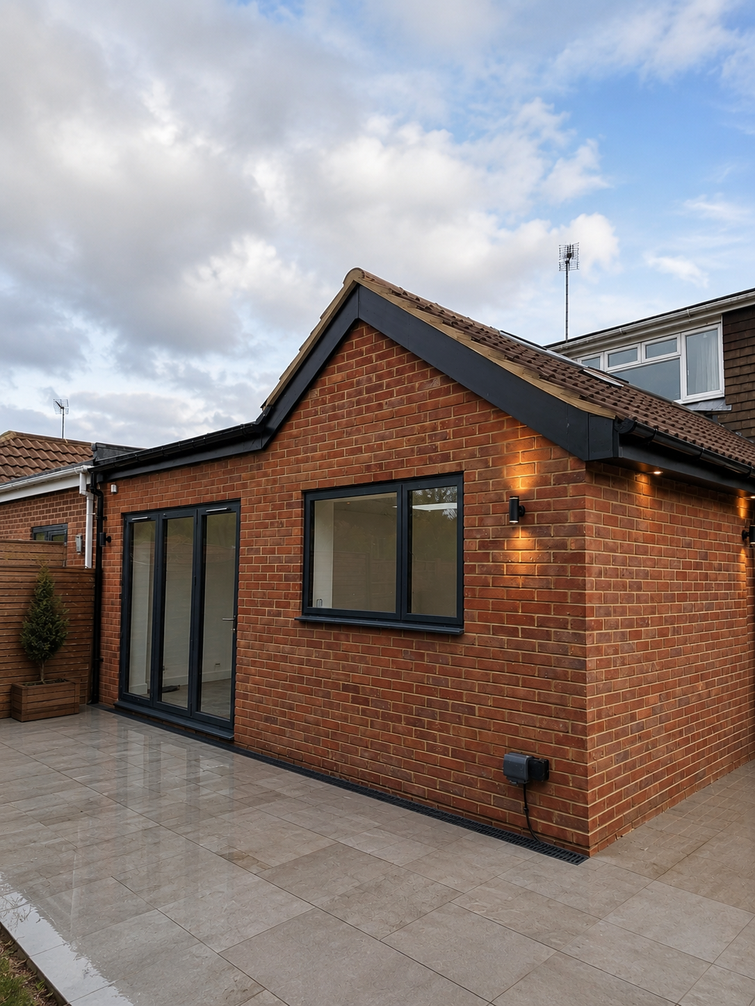 A brick house with large glass sliding doors and windows, exterior wall lights, and a tiled patio flooring, under a cloudy sky.