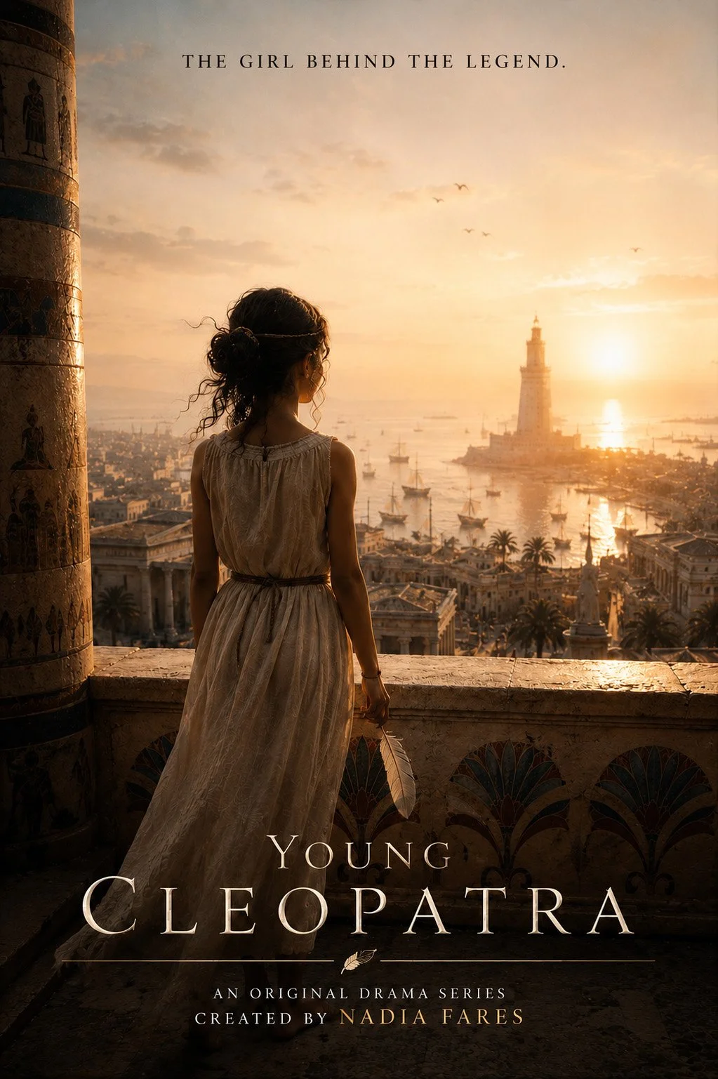 Poster for Young Cleopatra, an original drama TV series created by Nadia Fares, showing a young Cleopatra overlooking ancient Alexandria at sunset.