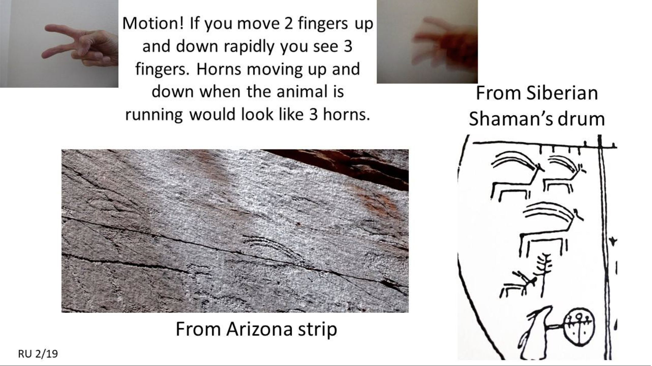 This follow up article on three horned animals shows probable motion of two horned animals heads bobbing up and down, when they are running, just as two horse legs look like three legs when they are running.