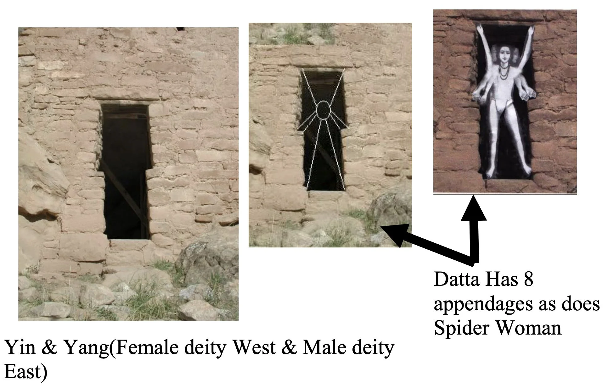 Slide 3 - In the above photos on slide 3, I have also determined that the “T” shaped doorway is associated with Spider Woman. There are 8 corners to a “T-shaped" doorway. In addition, there is most likely a connection between Spider Woman in the West