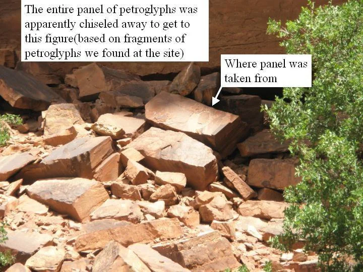 I later stumbled onto a pueblo site that had both petroglyphs and pictographs. This was a BLM site marked by a BLM pin. I noticed chisel marks on the rock face similar to those around the one-legged man glyph.