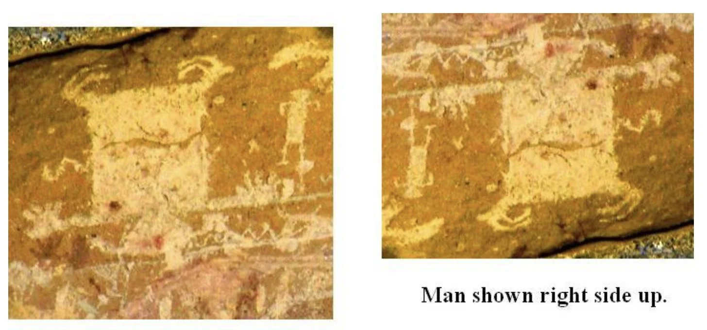 This pictograph appears to show an inverted dead person. His feet form the 2 mirrored sheep(back to back). Man in death provides life to sheep through interconnected cycle of life. The person’s body decomposes to provide nutrients to the soil which p