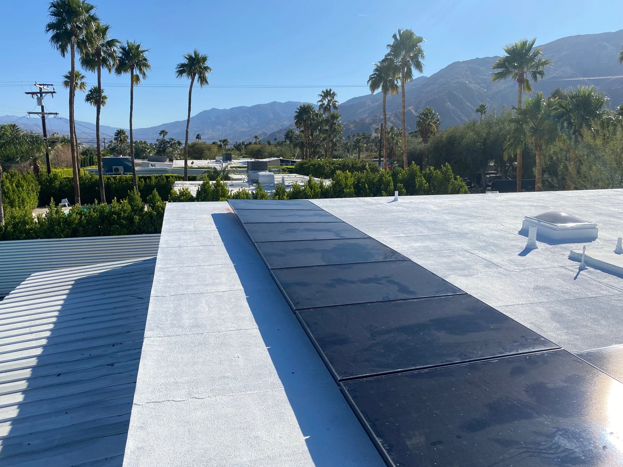 Rooftop with solar panels, surrounded by palm trees, with mountains in the background under a clear blue sky.