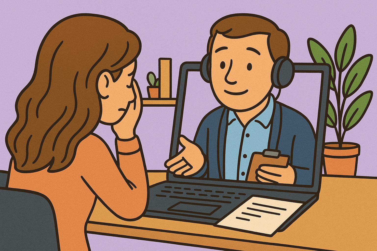 A woman sitting at a desk with her head in her hand, talking to a therapist who is on a video call on his laptop, wearing a headset.