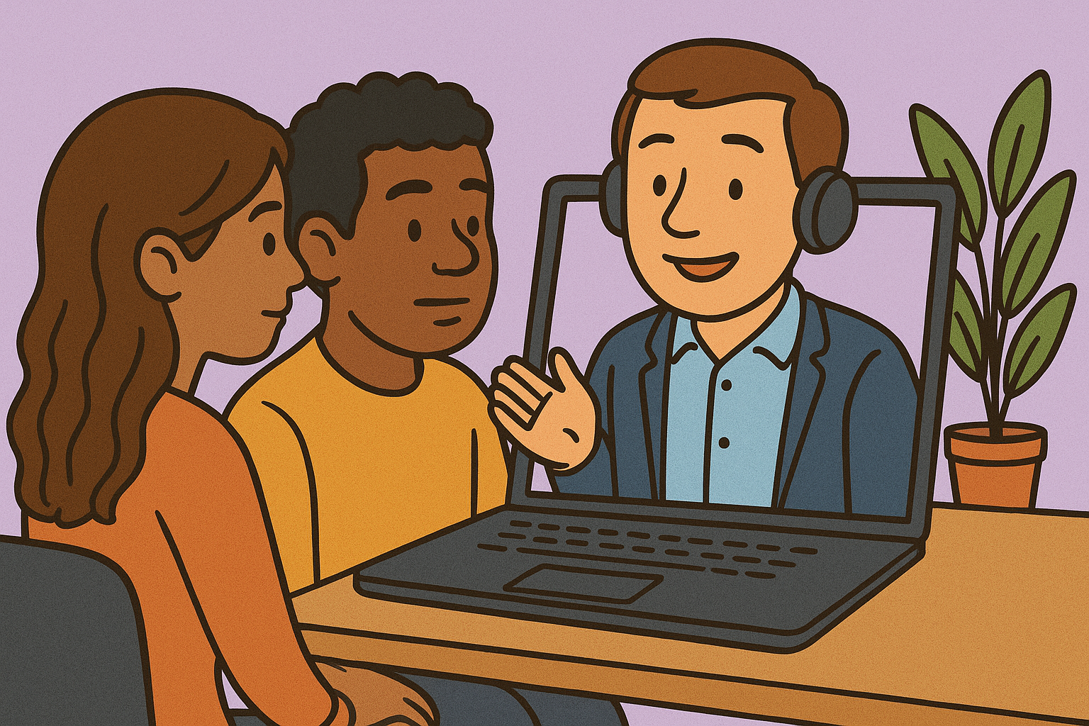 A couple sitting at a desk, talking to a therapist who is on a video call on his laptop, wearing a headset.