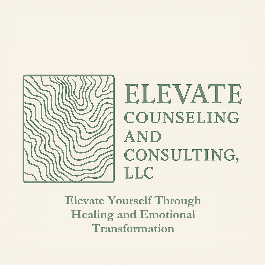 Logo for Elevate Counseling and Consulting, LLC, with abstract topographic lines and the tagline 'Elevate Yourself Through Healing and Emotional Transformation'.