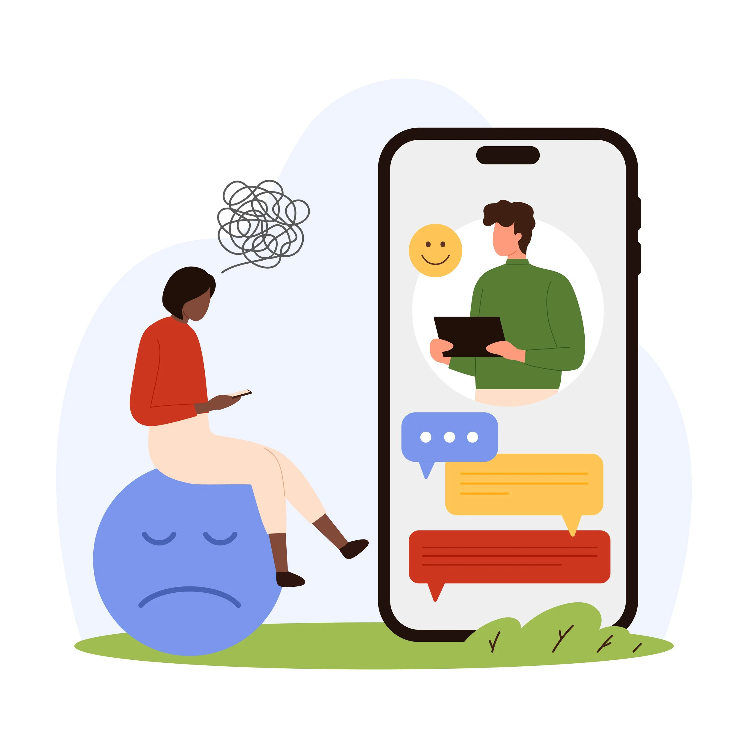 A woman sitting on a sad blue face emoji, looking at her phone with a frustrated expression, while a large smartphone displays a man smiling and holding a tablet, with speech bubbles indicating communication.