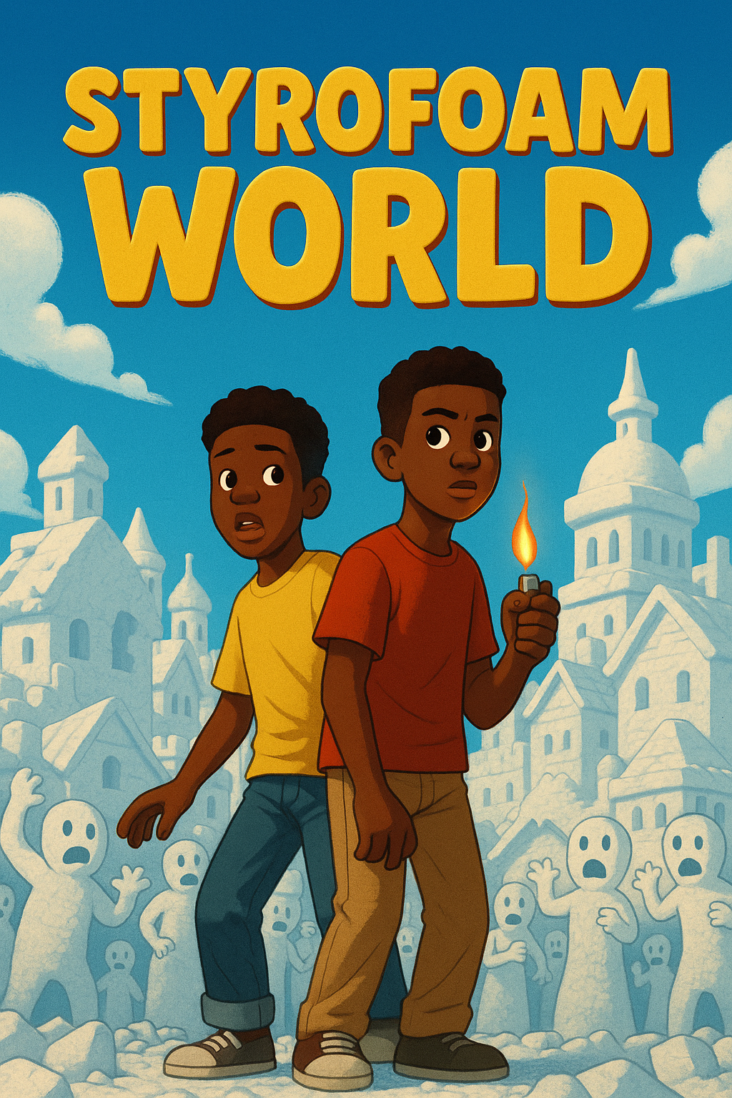 Styrofoam World

Act I: Arrival in Styrofoam World
	1.	The Junkyard Discovery
	•	Two boys, best friends, are exploring a junkyard when they spot a strange white styrofoam bird.
	•	Curious, they follow the bird through the piles of trash until they un