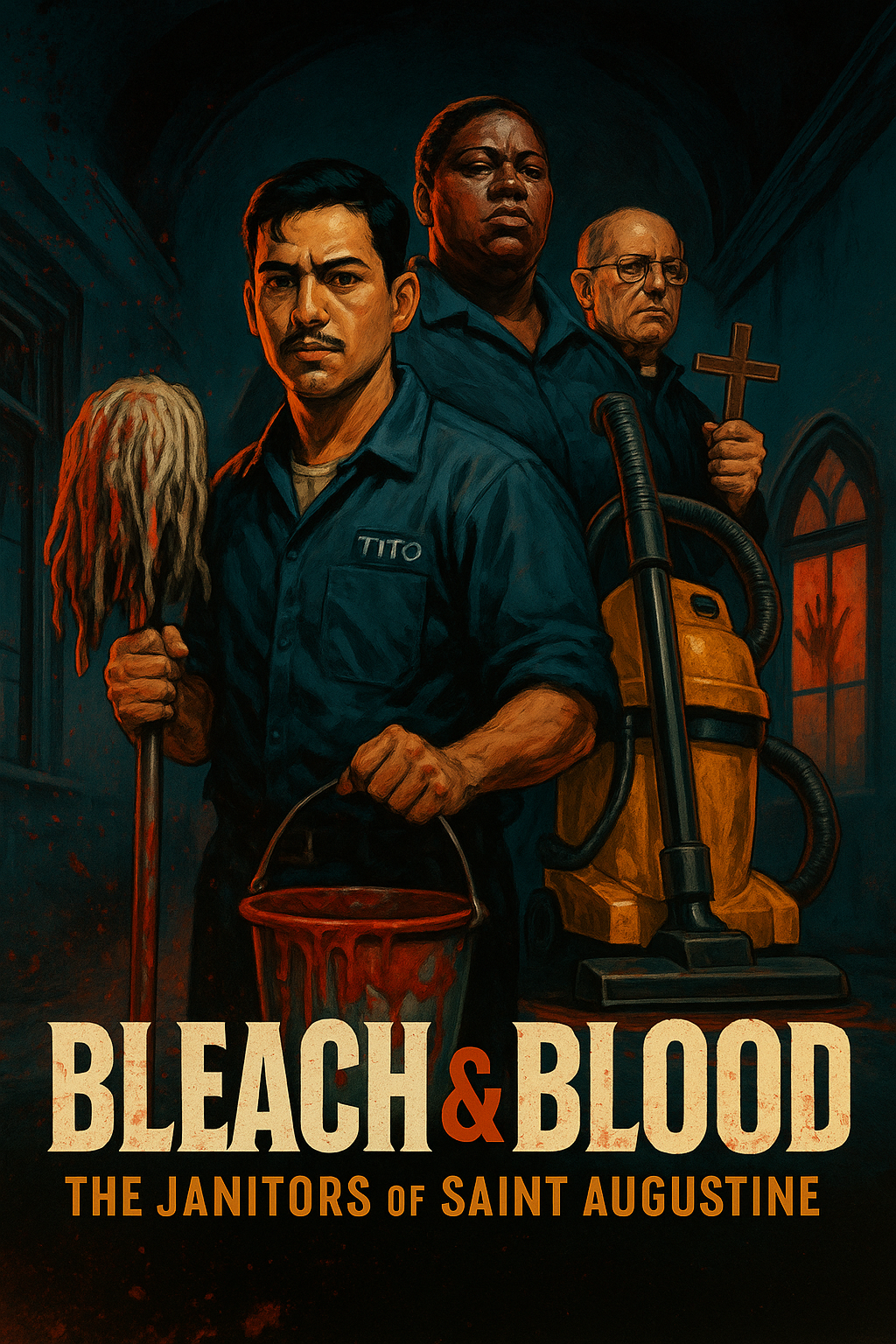 “Bleach & Blood: The Janitors of Saint Augustine”

At Saint Augustine Catholic High, no one noticed the janitors.

They cleaned gum from pews, scrubbed blasphemies off bathroom stalls, and vacuumed glitter from the drama department carpets. Old Broth
