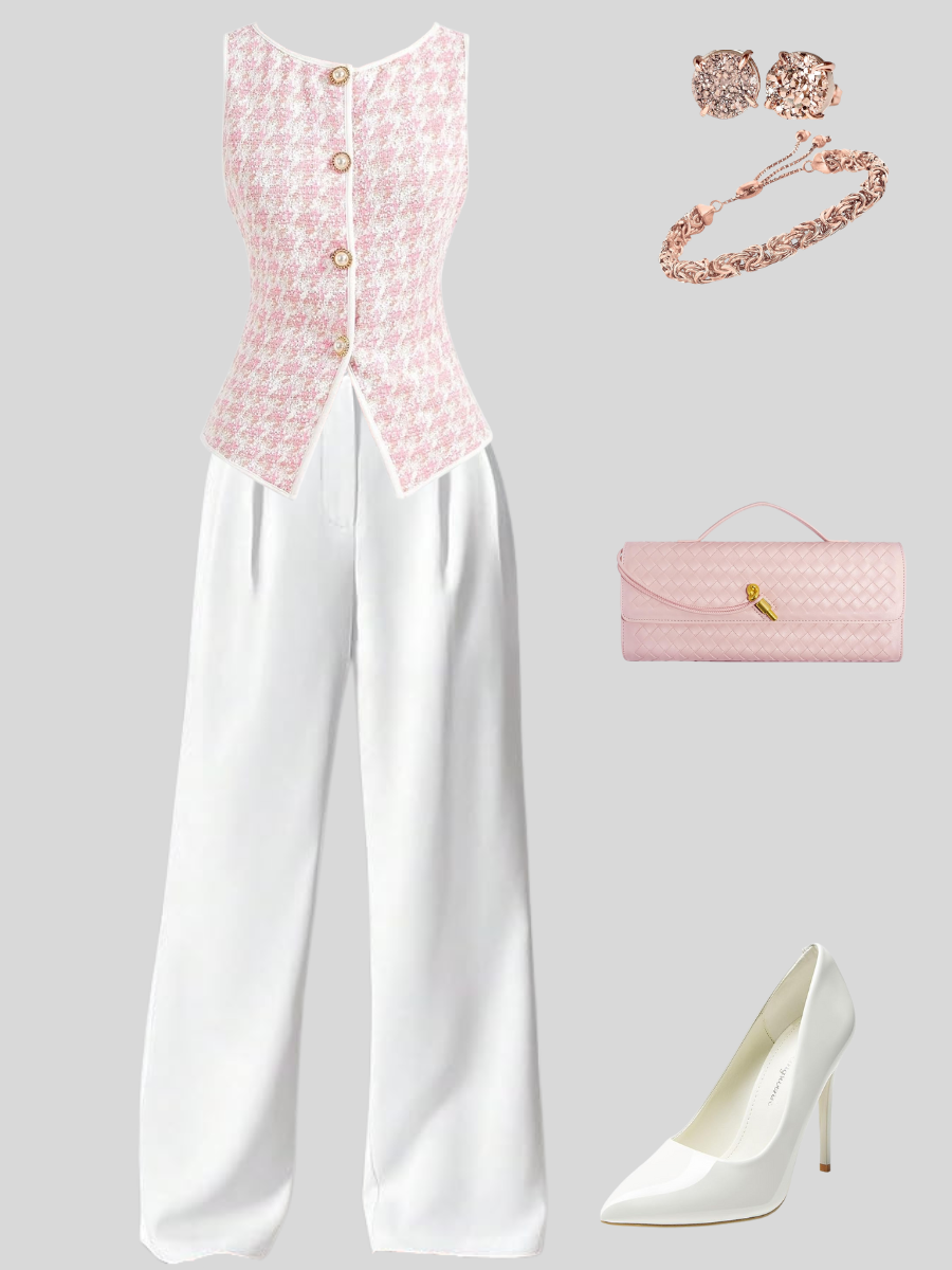 Fashion outfit including a pink and white houndstooth sleeveless top, white wide-leg trousers, white high heels, pink quilted clutch, pink jewelry set with earrings and bracelet.