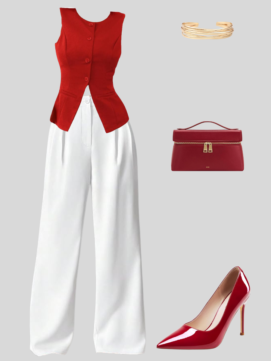 Red sleeveless vest with buttons, white wide-leg pants, red high heels, a red handbag, and a gold bracelet.