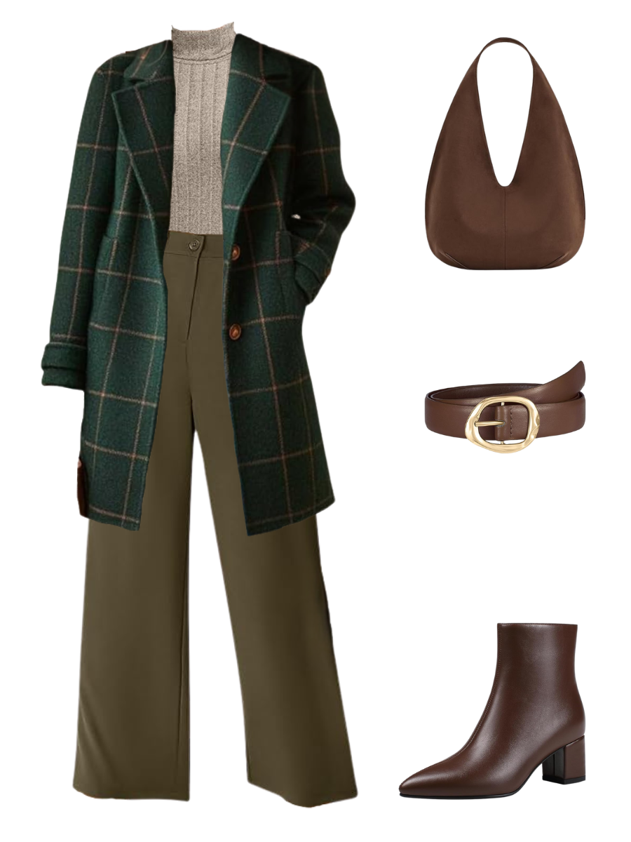 Outfit consisting of a green plaid coat, light gray turtleneck, olive wide-leg pants, brown handbag, brown belt with gold buckle, and brown ankle boots.