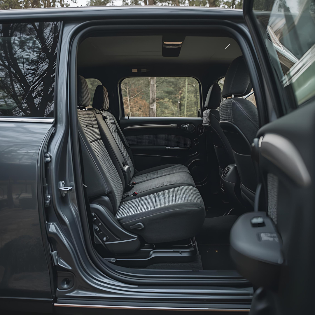 Inside view of a vehicle's rear passenger seats, with black fabric seats and orange stitching, windows showing an outdoor landscape.