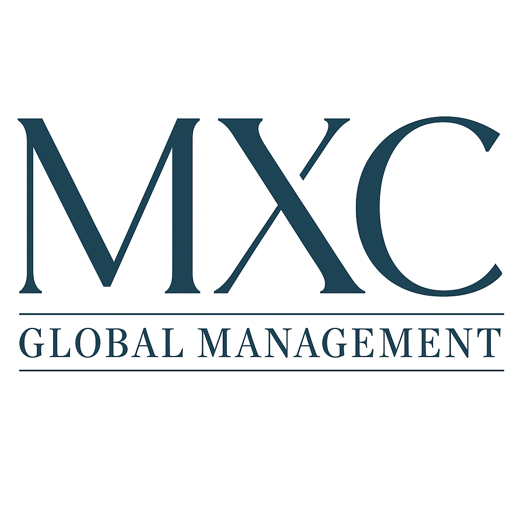 Logo for MXC Global Management in dark blue text with a white background.