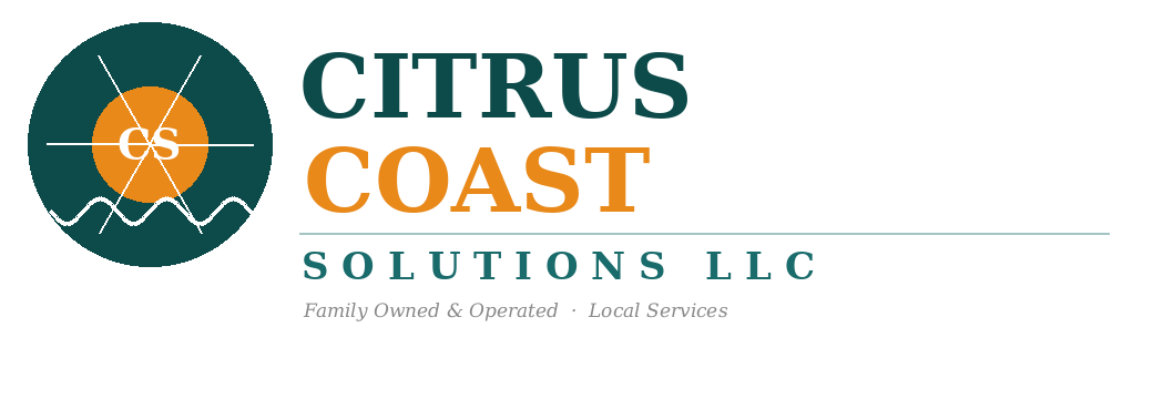 Citrus Coast Solutions LLC logo featuring a circular design with a stylized orange, white lines representing water, and the text "Citrus Coast Solutions LLC" with a tagline "Family Owned & Operated · Local Services."