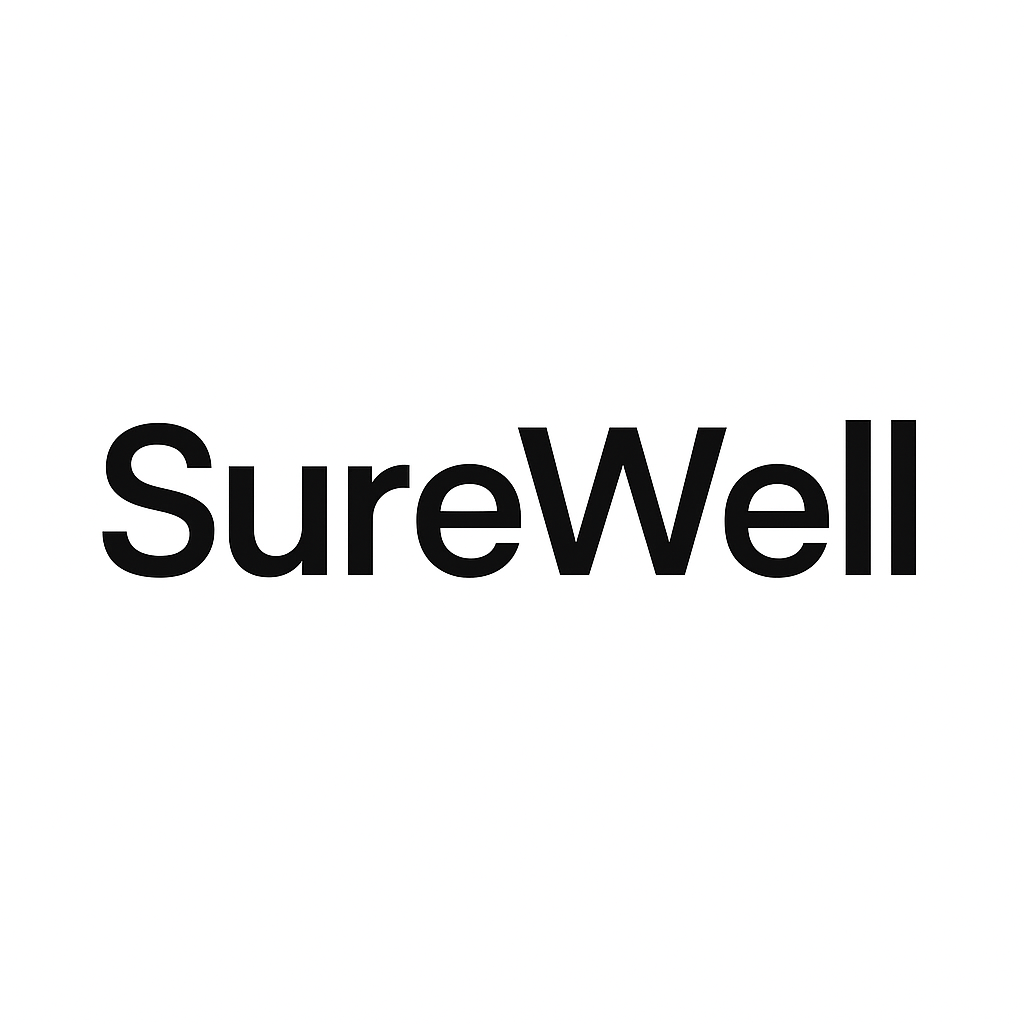 SureWell logo with a shield and checkmark symbol in navy blue next to the words "SureWell" on a white background.