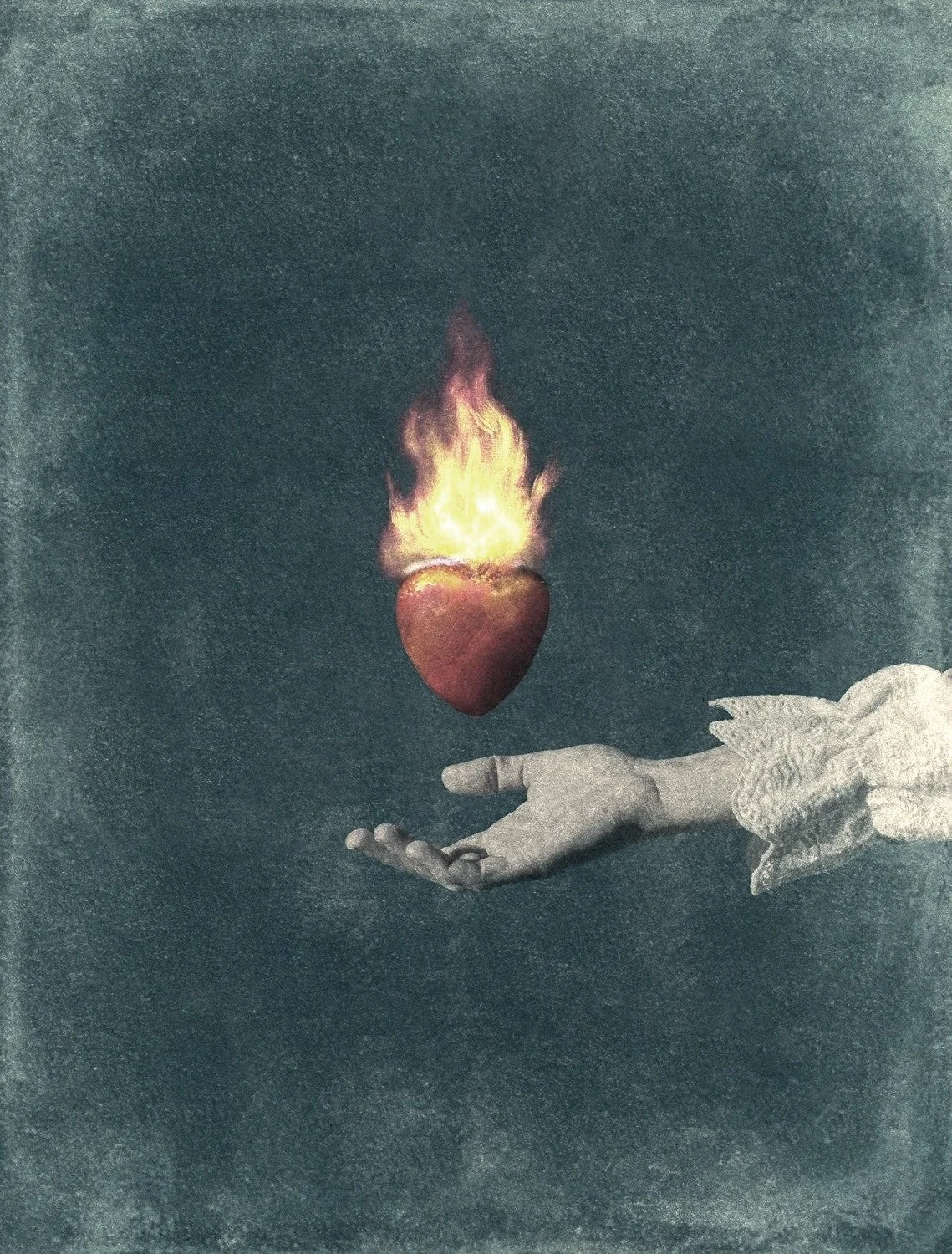 An illustrated hand in a vintage style holding a flaming heart against a dark background demonstrating offerings on Julie Nguyen website.