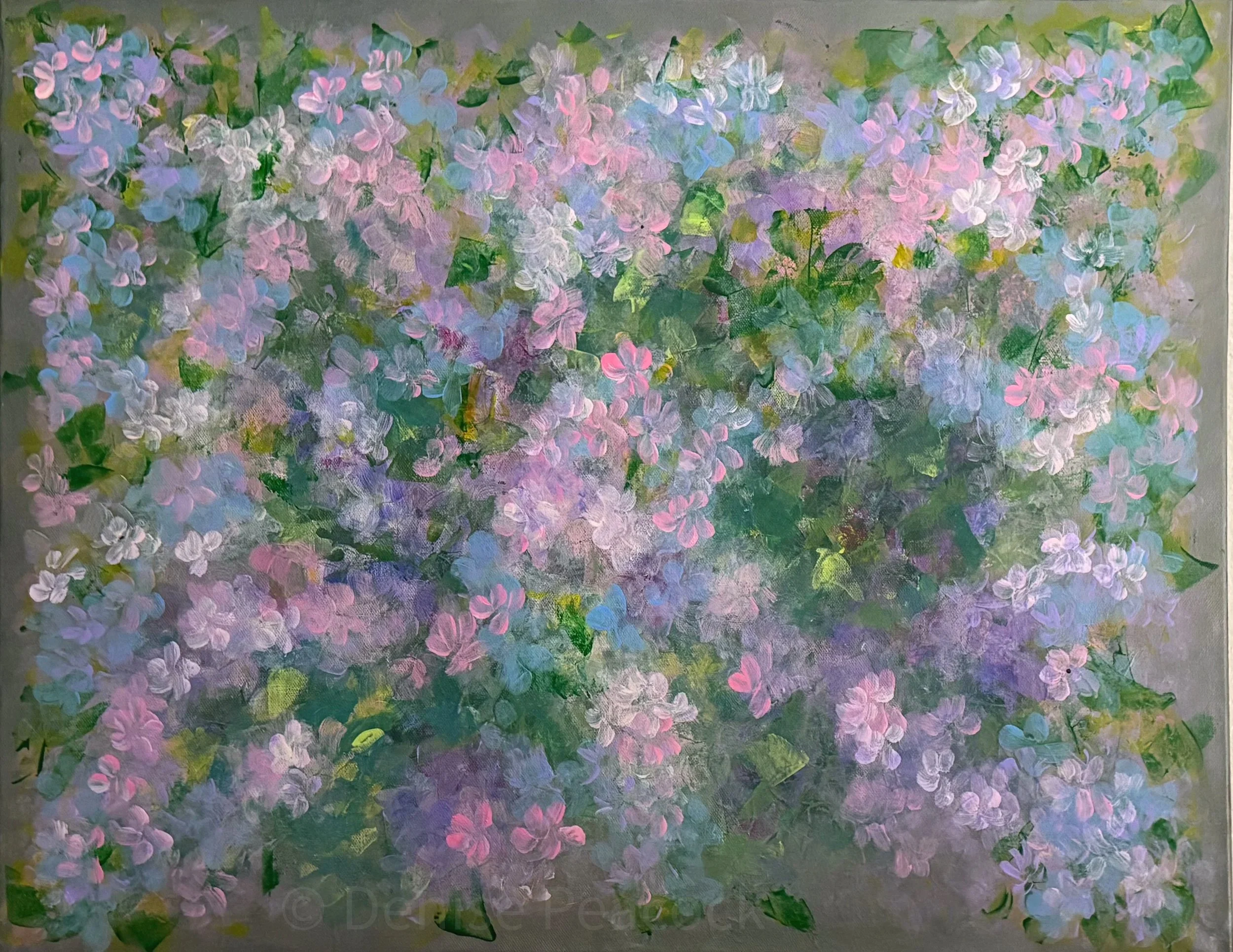  floral abstract palette knife grey, purple, pink 28x22" acrylic on canvas
