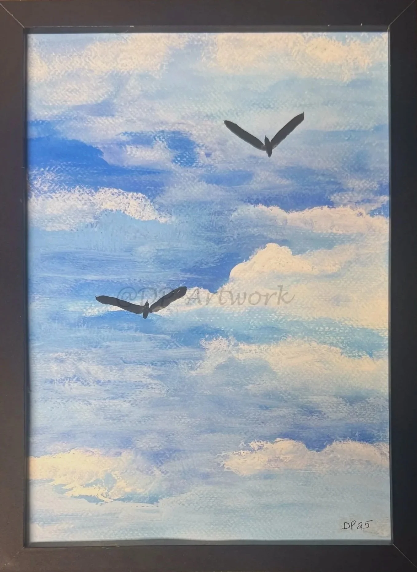 "If only I could fly" 9x12" gouache and watercolor on paper 2 birds in blue sky with clouds