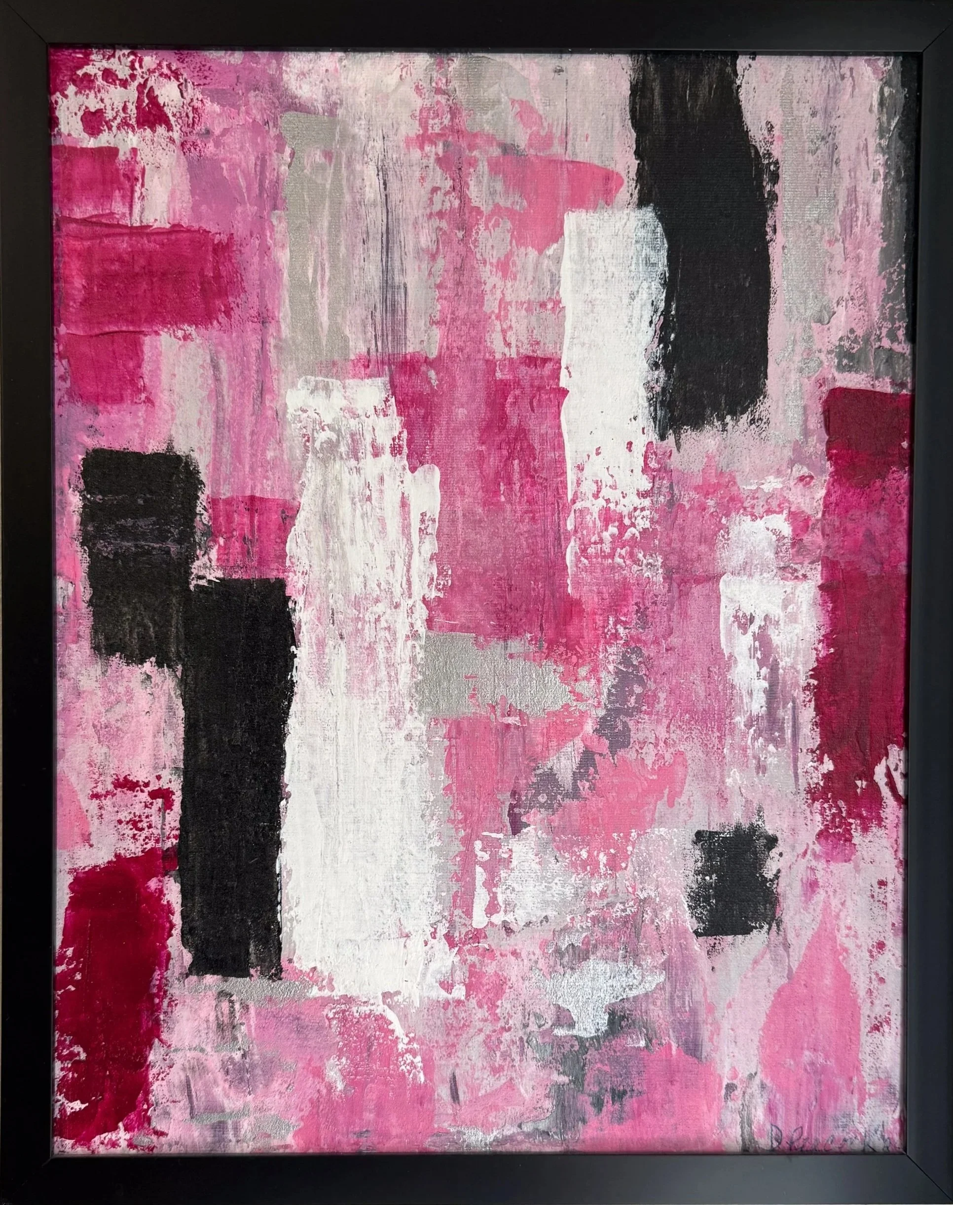 12x16" abstract mixed media art acrylic silver black and pinks framed