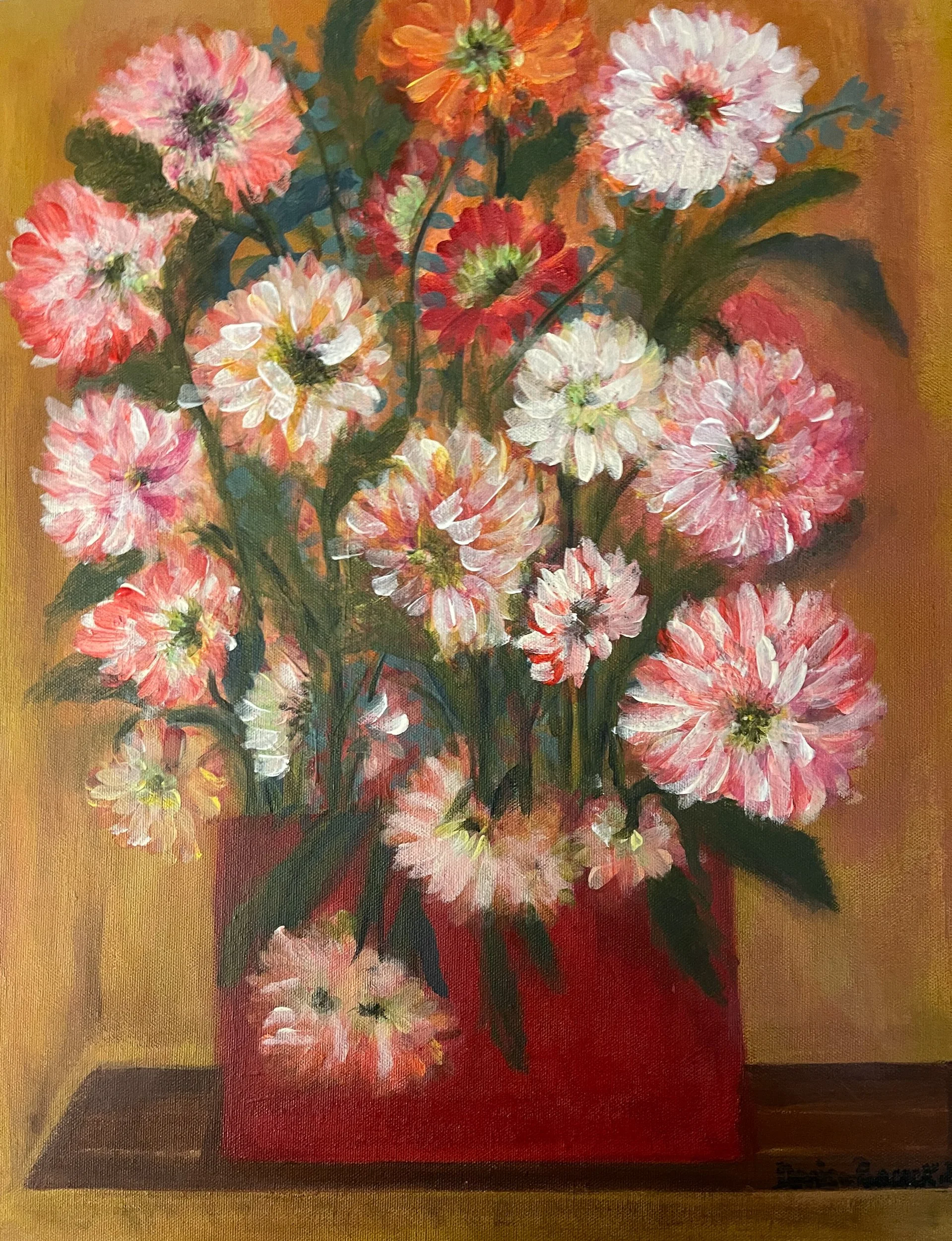 Flowers in red dish corner wall.jpg