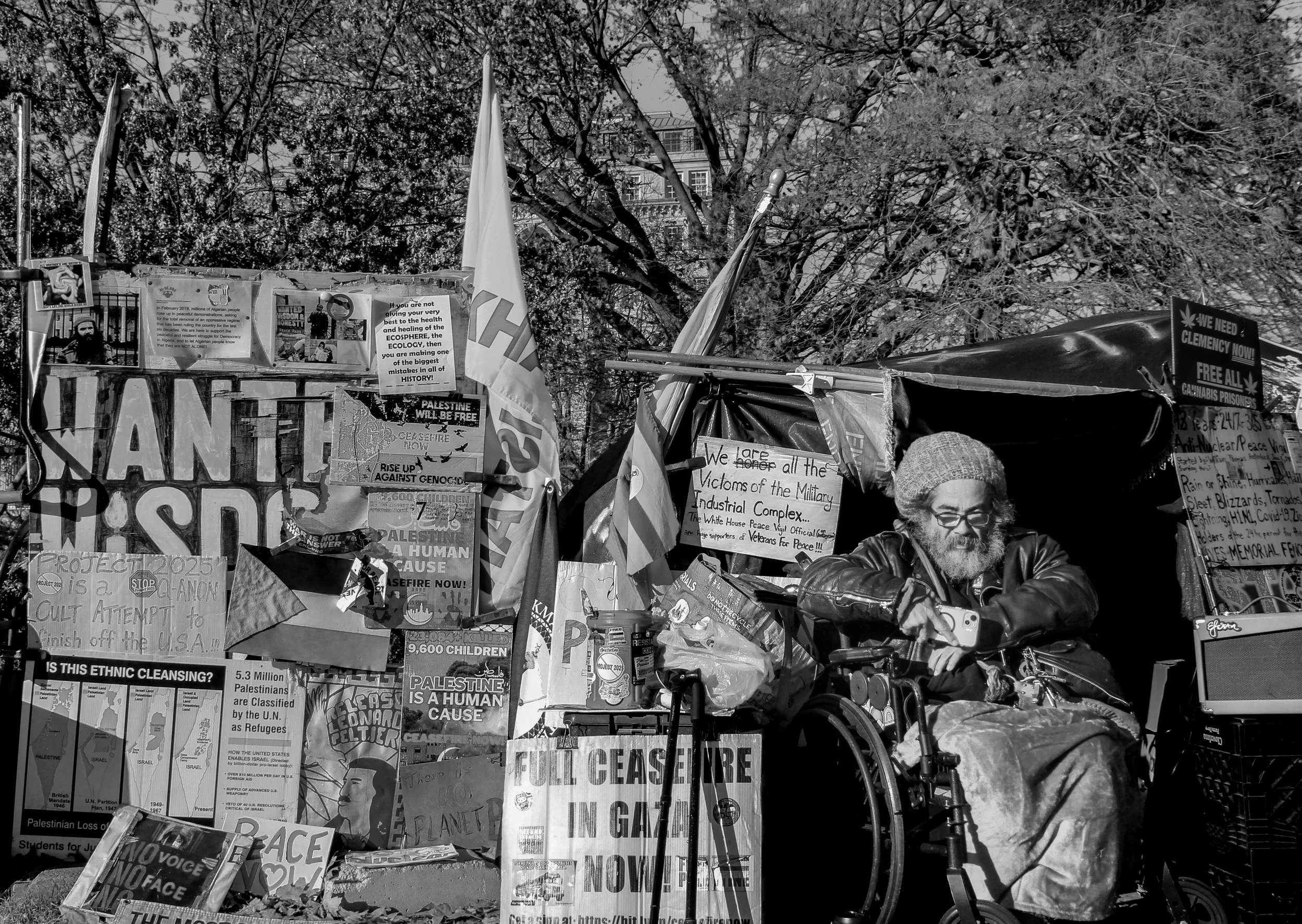 A man with a beard and glasses sitting in a wheelchair, surrounded by protest signs and flags advocating for Palestinian and other causes. The signs include messages like "Palestine is a human cause," "Full ceasefire in Gaza now," and "We love all th