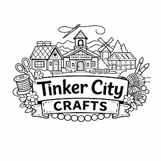 Illustration of a craft school called Tinker City Crafts with houses, craft supplies, scissors, yarn, and flowers. Tinker City Crafts is a new company that teaches people how to develop or start crafting.