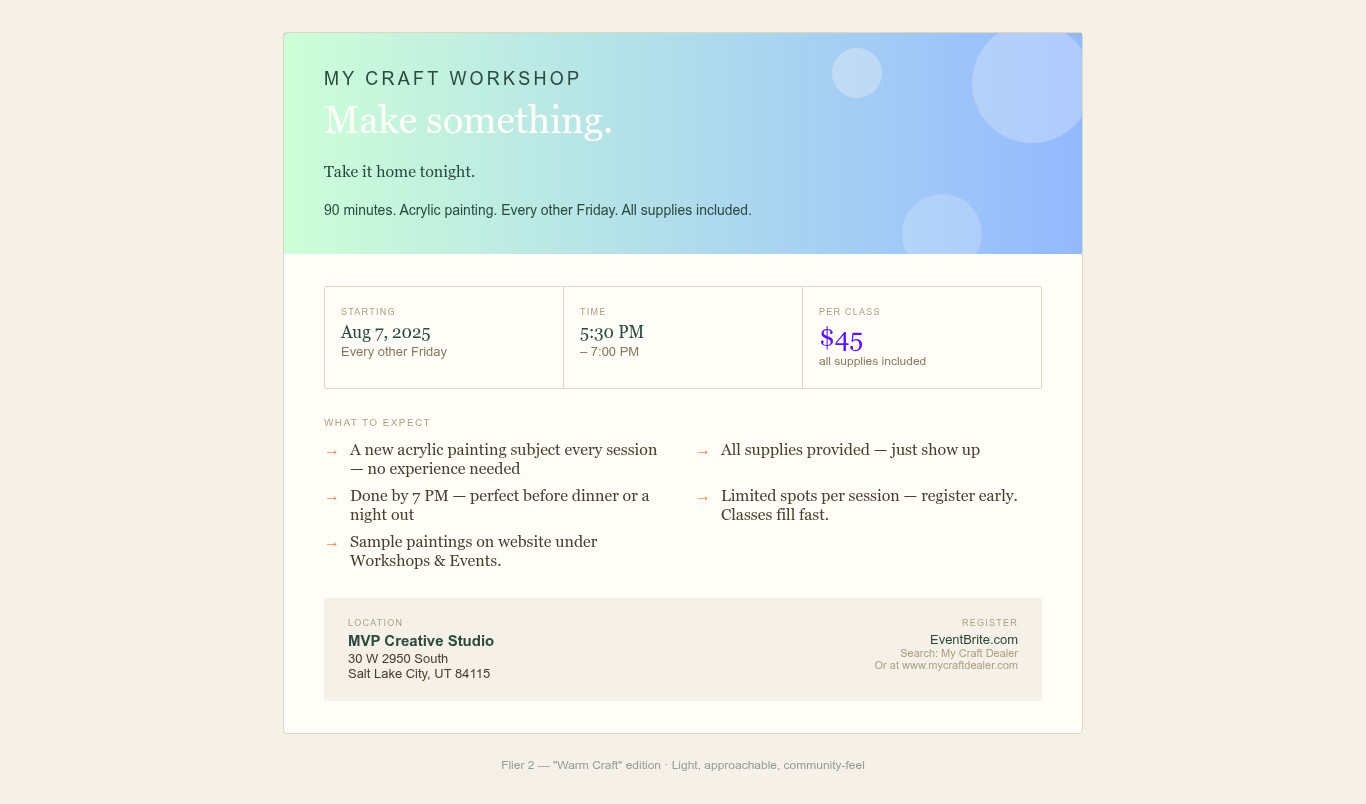 My Craft Workshop- PAINT WITH A PRO August 21st Class
