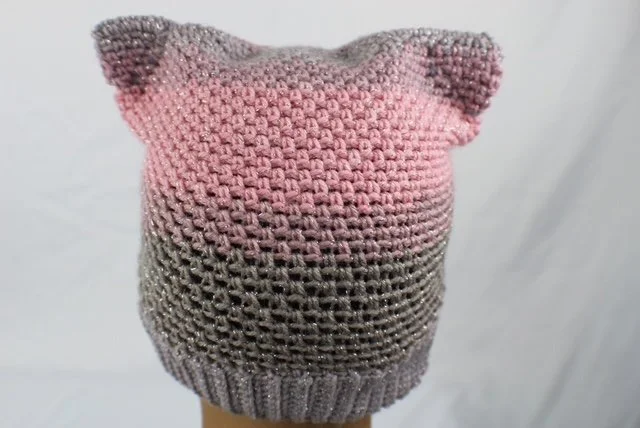 Crochet Kitty Cat Beanie Hat Sparkly Gray Pink