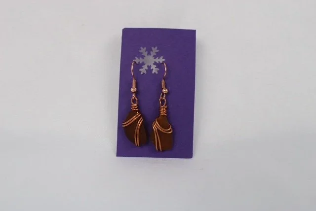 Copper Wire and Brown Sea Glass Earring