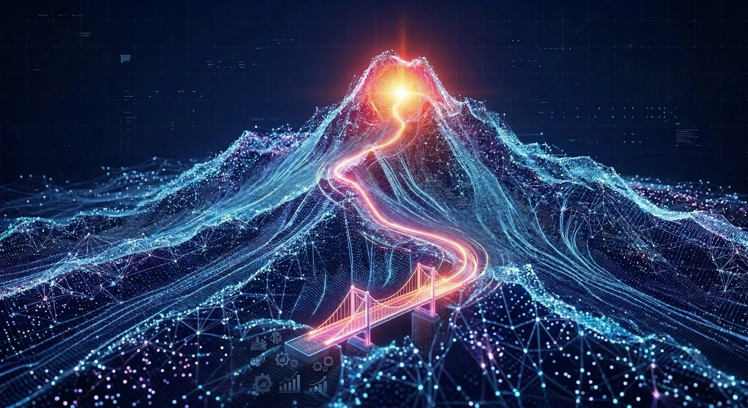 Futuristic digital illustration of a mountain summit with a glowing point of light, a winding trail, and a bridge, depicted with neon lines and connected nodes, symbolizing technology and data.
