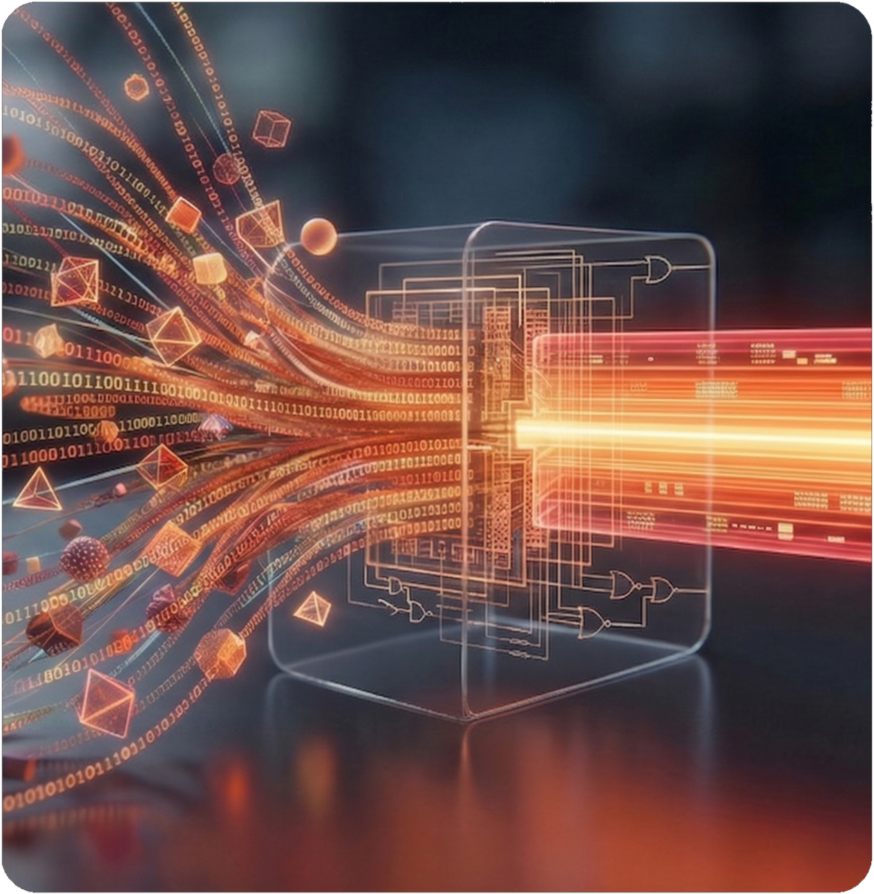 Futuristic digital illustration of a computer chip with binary code, geometric shapes, and circuit diagrams emanating from it.
