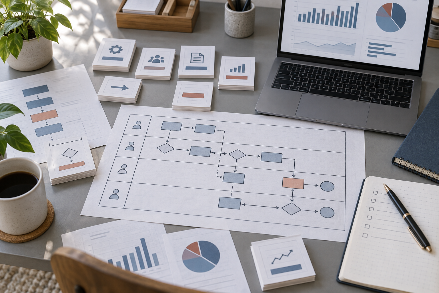 Workflow audit desk with process map, process cards, and performance charts.