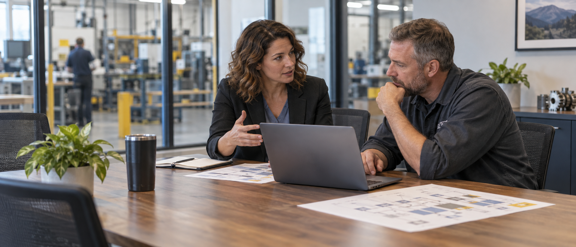 Operations consultant and manufacturing leader reviewing a workflow map and laptop dashboard during a discovery conversation.