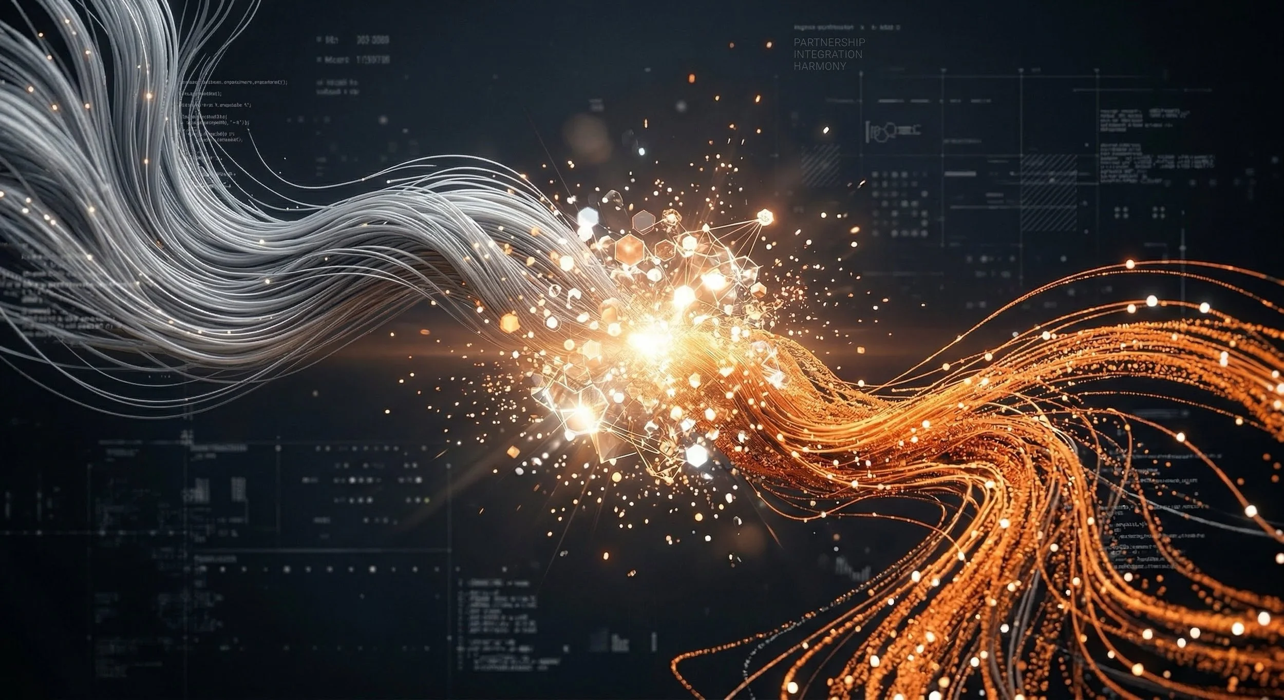 Digital illustration of two flowing streams of fibers or data streams, one white and one orange, converging at a bright point with sparks and particles, overlaid with circuit-like graphics.