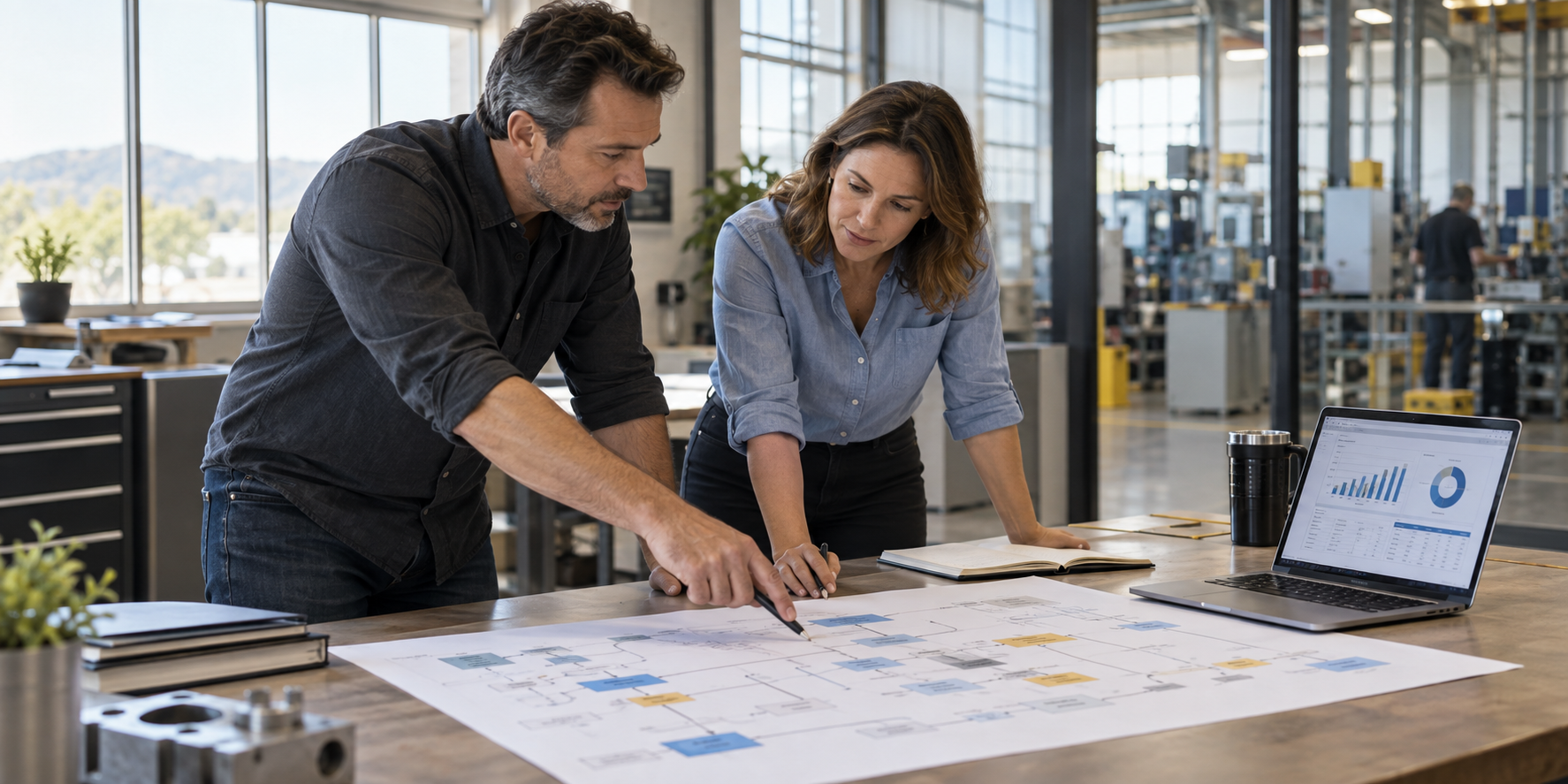 Operations leaders reviewing a printed workflow map and laptop dashboard in a natural-light industrial office.