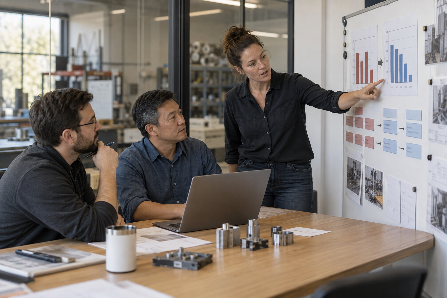 Operations workshop team reviewing before-and-after workflow metrics on a board.