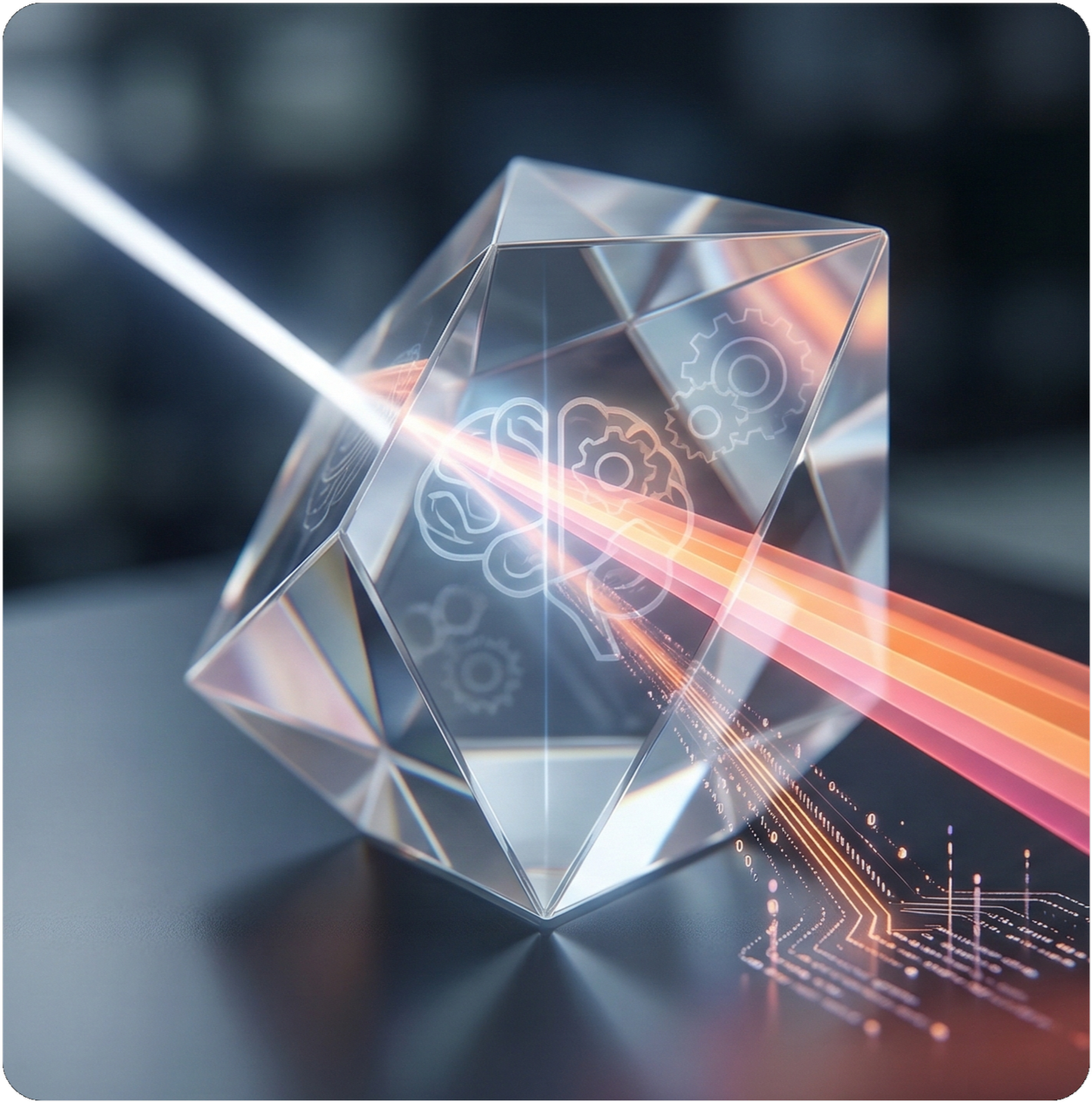 A crystal-like diamond with digital icons and graphics projected inside, including gears, a brain, and circuit lines, with colorful laser beams passing through and reflecting off its surfaces.