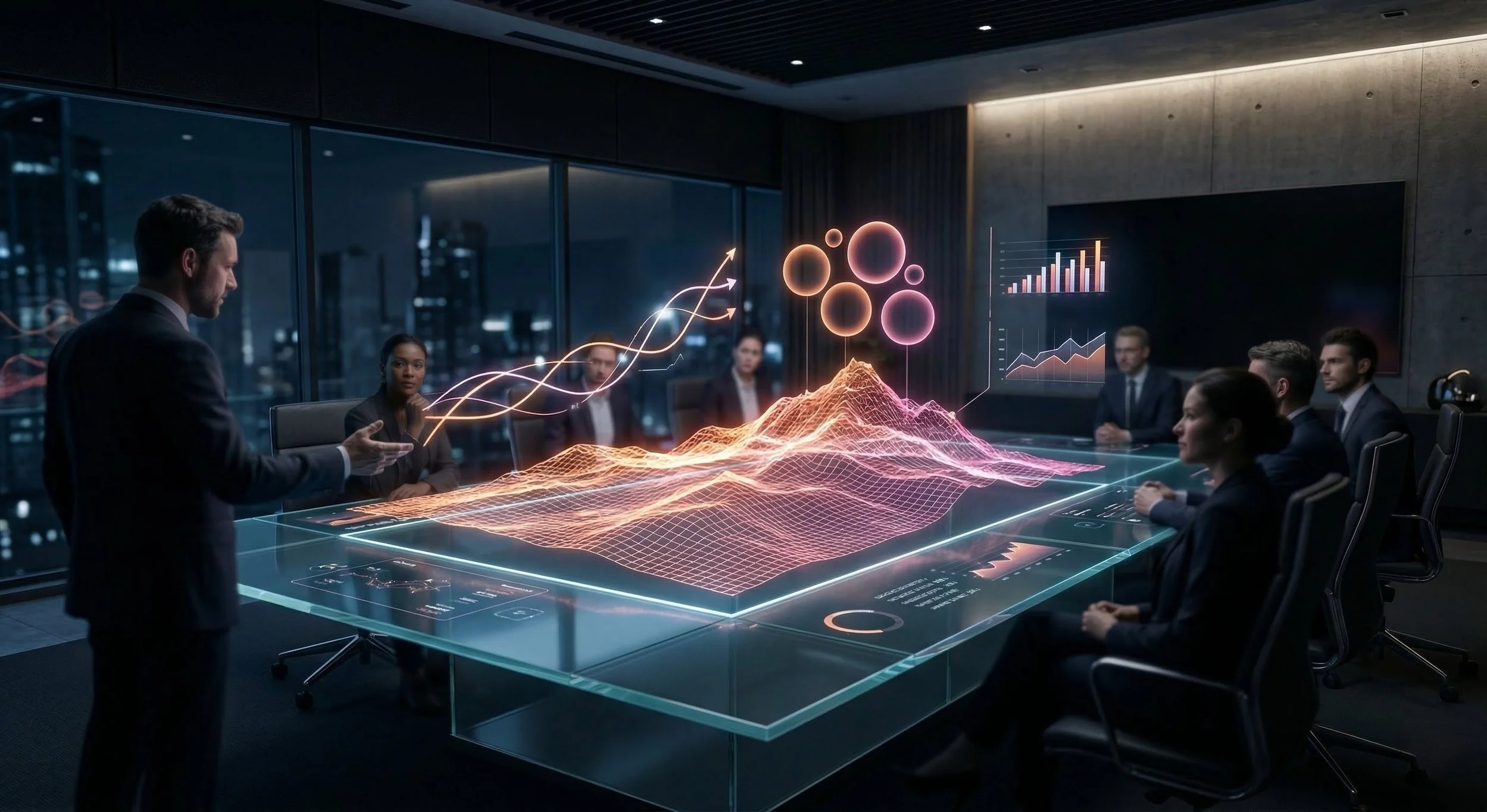 Business meeting in a modern conference room with a large glass table displaying 3D holographic data visualizations, charts, and graphs. A man in a suit presents to a group of professionals, who are seated and listening attentively, with city buildings visible through large windows at night.