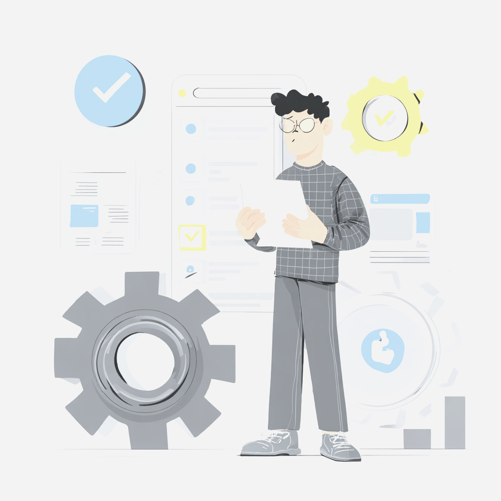 Illustration of a young man with glasses and dark hair reading a paper, surrounded by icons and graphics representing digital technology, social media, and task completion, including a large gear, checkmarks, and social media symbols.