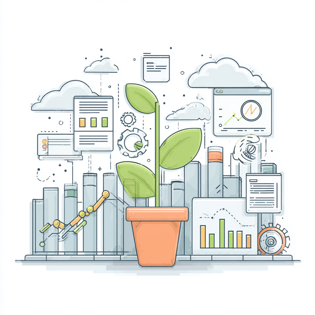 A digital illustration of a potted plant with three large green leaves, surrounded by clouds, charts, graphs, and data screens, symbolizing growth and technology.