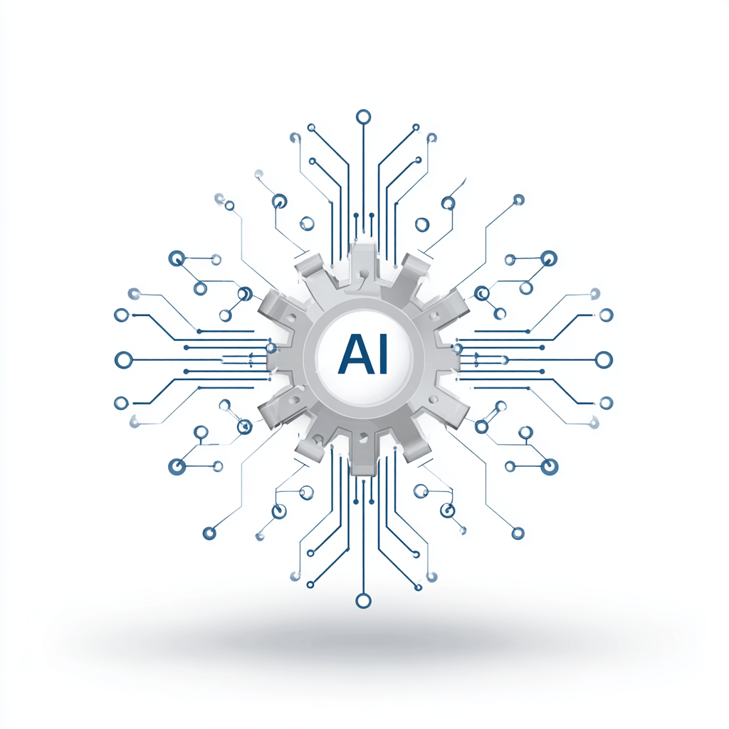 A digital illustration of a gear with the letters 'AI' in the center, surrounded by circuit-like lines and nodes representing technology and artificial intelligence.