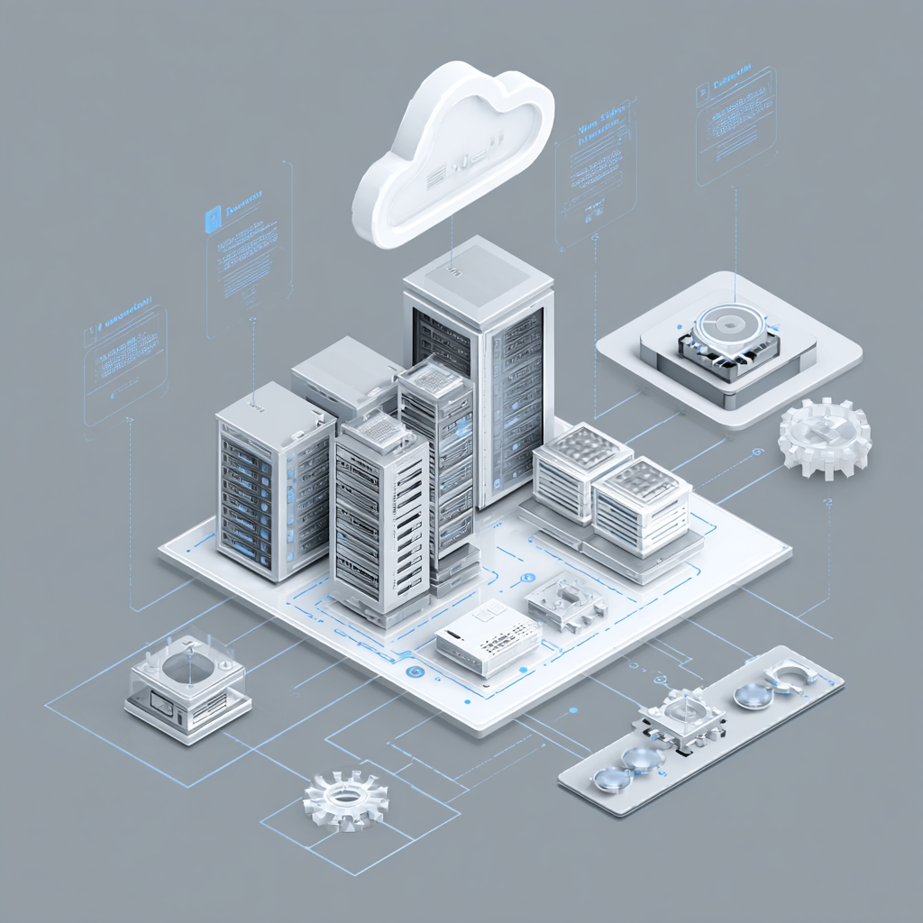 Digital illustration of cloud computing with servers, a cloud icon, and data transmission graphics on a gray background.