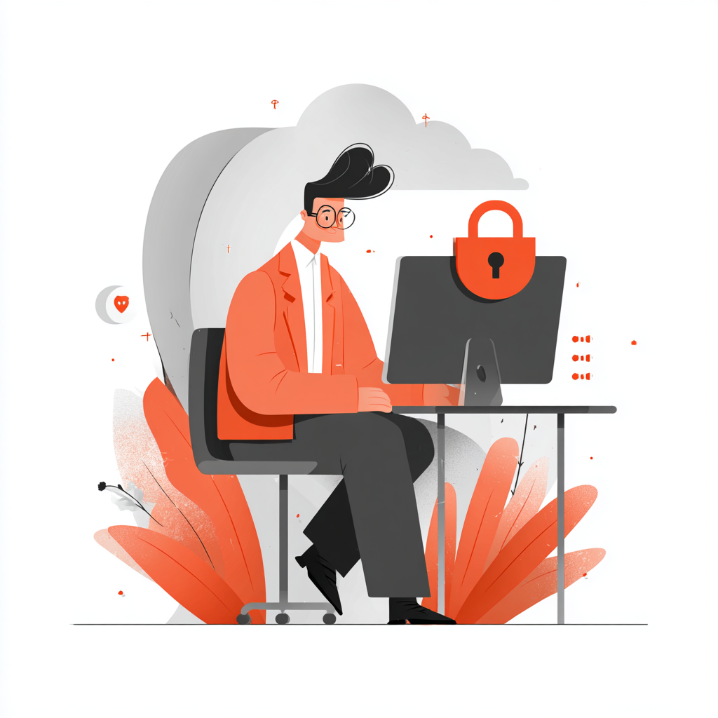 An animated illustration of a man sitting at a desk using a computer, with a large red lock icon on the screen indicating cybersecurity or data protection.